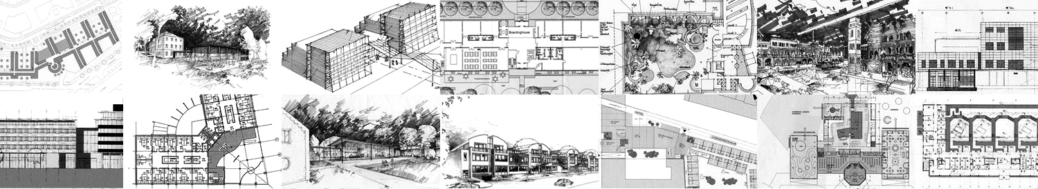 Diverse Architektur-Skizzen und Pläne